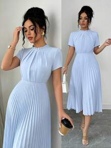 Elenzga Women's Spring/Summer Elegant Apricot Pearl Design Ruffle Collar Pleated Waist Fitted Long Dress - Blue - View 1