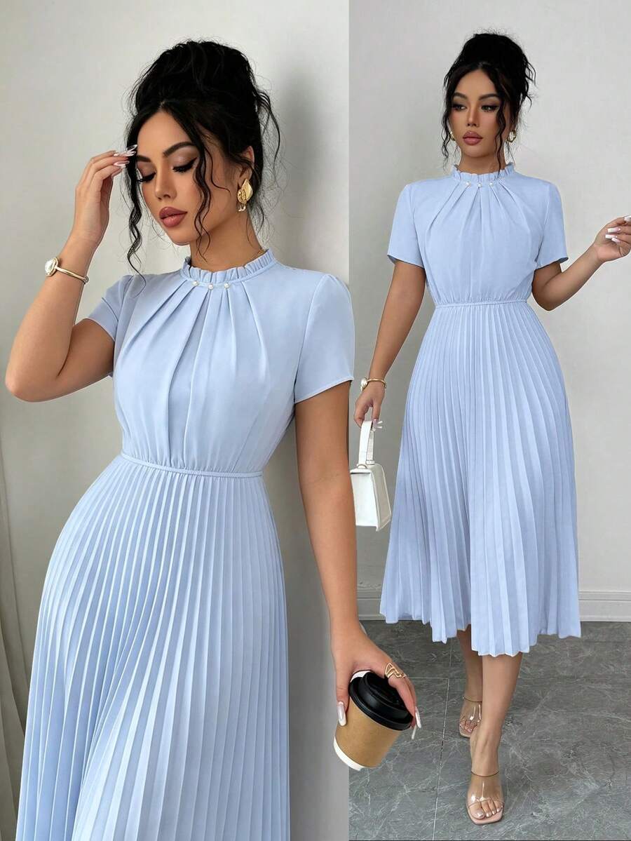Elenzga Women's Spring/Summer Elegant Apricot Pearl Design Ruffle Collar Pleated Waist Fitted Long Dress - Blue - View 1