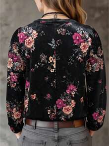 Linhara CURVE Plus Size Lady's Velvet Casual Printed Shirt - Black - View 2