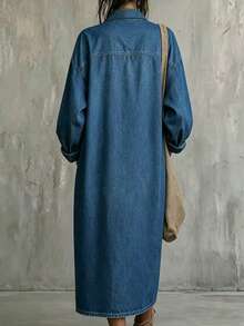 Glimmora Gaun Liburan Wanita Efek Denim dengan Saku Kancing Tunggal - Biru - View 2
