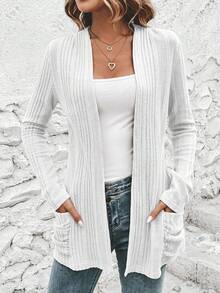 EMERY ROSE Cardigan de punto acanalado casual para mujer con ajuste regular & frente abierto en otoño/invierno - Blanco - Ver 3