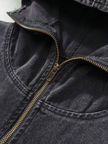 ROMWE MEN Men's Plus Size Frayed Hem Zipper Front Hooded Denim Jacket - Black - View 3