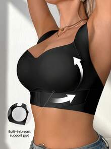 SHEIN 女款無縫前扣式聚攏托高內衣，無鋼圈雙排鉤模杯，側邊平滑果凍條支撐，舒適極簡交叉背款胸罩，1件裝 - 黑色 - 查看 4