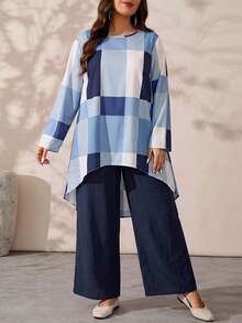 EMERY ROSE Plus Size Women's Colorblock Long Sleeve Top And Pants Casual Daily 2 Pieces Set Fall - Blue and White - View 5