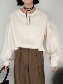 FRIFUL Women's Early Autumn New Korean Style Patchwork Sheer Mesh Ruffle Pleated Sweatshirt - Beige - View 4