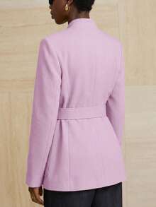 Aveloria Modichic Small Stand Collar Tweed Single-Breasted Metal Button Decor Belted Utility Style Jacket - Pink - View 2
