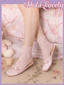 Dola Lovely Damen Rosa Satin Quadratische Zehen Schleife Blume Flache Schuhe, Sanft und Süß Vielseitig Temperament Slouchy Mules Schuhe, Modische Mules - Pink - Übersicht 2