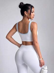Easithlete Women's Trimmed Cropped Tank Top For Daily Wear And Fitness Modest Sporty Workout Gym Blue And White Summer - White - View 2