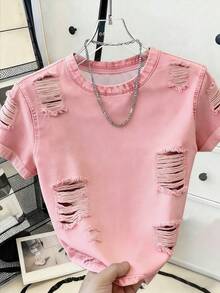 Resyla Women's Solid Color Round Neck Short Sleeve Casual Ripped T-Shirt - Multicolor - View 3