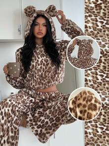 ZzzCrew Women's Double-Sided Arctic Print Apricot Leopard Pattern Hooded Pajama Set - Apricot - View 1