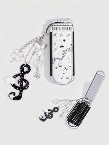 ROMWE Anime 1Set Y2K Star Musical Note Decor Mini Comb Mirror Set, Cute Folding Airbag Hair Brush, Back‑To‑School Portable DIY Hair Comb Kit - Grey black 1 - View 1