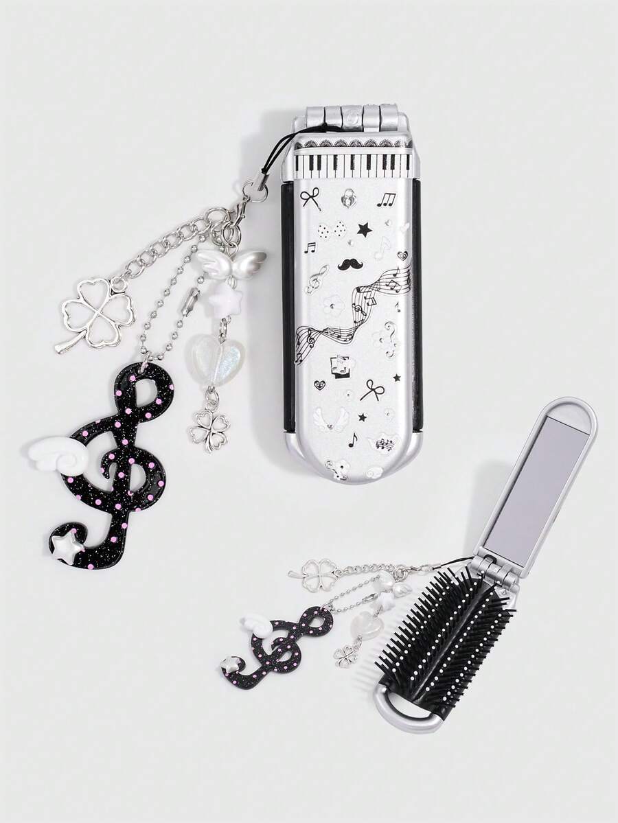 ROMWE Anime 1Set Y2K Star Musical Note Decor Mini Comb Mirror Set, Cute Folding Airbag Hair Brush, Back‑To‑School Portable DIY Hair Comb Kit - Grey black 1 - View 1