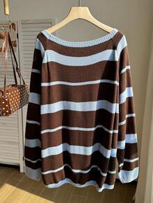 Comfortcana Suéter de punto de talla grande con bloques de color, rayas retro y hombro asimétrico para otoño/invierno - Multicolor - Ver 2