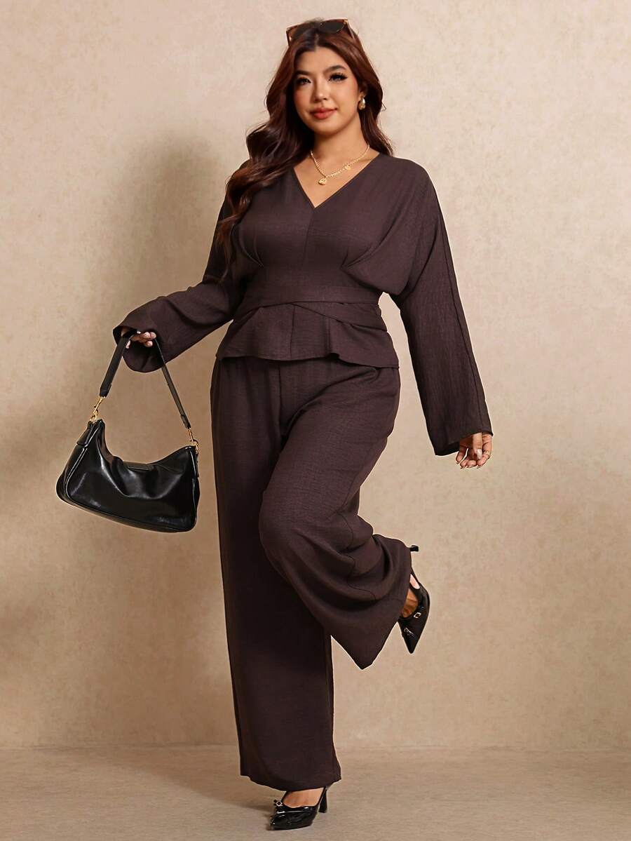 Elaquor Plus Size Women Solid Color V-Neck Long Sleeve Top And Pants Casual Everyday 2-Piece Set Fall/Winter Elegant Office Work Brown 2 Pieces Set For Women