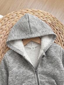 SHEIN 嬰兒女童/男童連帽拉鍊厚款複合抓絨內裡開襟外套，適合冬季 - 灰色 - 查看 5
