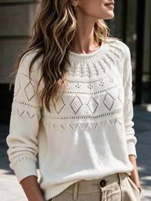 Louniche Women's Early Autumn Textured Fine Hollow Knit Pullover Round Neck Long Sleeve Sweater - Beige - View 7