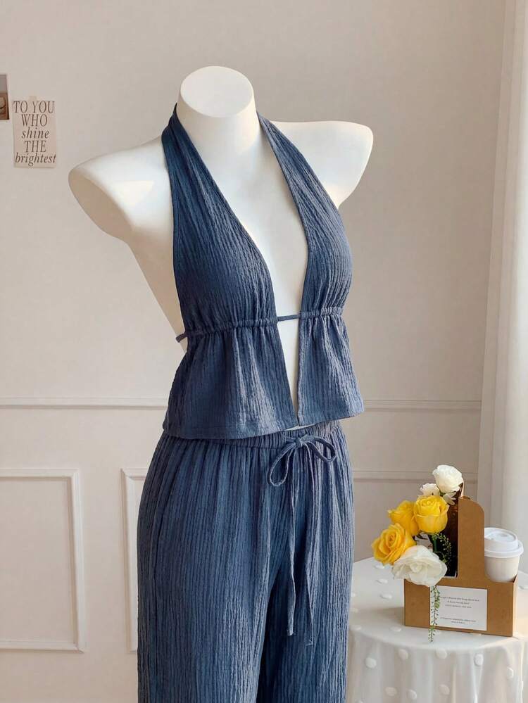 Comfortcana Women's Vacation Solid Color Halter Neck Backless Top And Pants 2 Pieces Set Beach Vacation Navy Blue Summer Jamican Sexy Tropical - Navy Blue - View 3