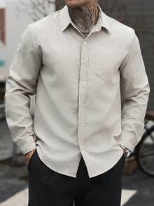 Manfinity CasualCool 男士純色休閒長袖襯衫，適合秋冬日常穿著 - 米色 - 查看 6