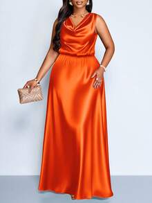 SOLERSUN Plus Size Women's Elegant Party Dress For Women, Suitable For Important Occasions Such As Birthday Parties, Graduation Season, Afternoon Tea, Thanksgiving, And Wedding Season. Features Include A Draped Neckline, Sleeveless Design, High Waist, A-Line Silhouette, And Extra-Long Length. Made From Satin/Silk-Like Material, Perfect For Summer. - Orange - View 2