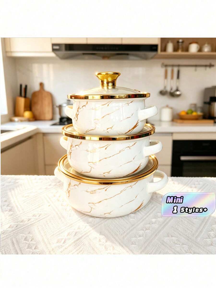 3Pcs 12‑16cm Thickened Gold‑Rim Enamel Pot Set, Double‑Handled Mini Enamel Soup Pot, Dual‑Use For Gas & Induction Cooktop, Baby Food Pot, Instant Noodle Pot, Seafood Cooking Pot For Adults & Kids - View 1