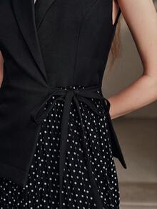 Anewsta Urban Modern Women's New Design Sleeve Vest Blazer Jacket With Patchwork Vintage Black & White Polka Dot Print, Pleated Hem, Cinched Waist, Tie Bow, Open Front, Long Dress - Black and White - View 5