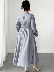 Elenzga Plus Size Early Autumn/Winter Light Gray Faux Linen Design Pearl Button A-Line Long Sleeve Puff Sleeve Elegant Commute Slimming Date Dress For Women - Grey - View 2