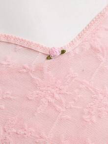 Sweetra Women's Spring/Summer Pink Lace Sexy Romantic Sweet Sexy Semi-Sheer 2 Pieces Pajama Set - Pink - View 6