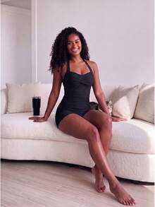 Rhythm Era Plus Size Women Solid Color Sexy Slim Fit Tummy Control Sports Jumpsuit - Black - View 3