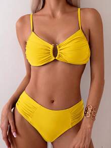 Swim Basics Women Solid Color Spaghetti Strap Bikini Top And Bottom Bikini Set Summer - Yellow - View 4