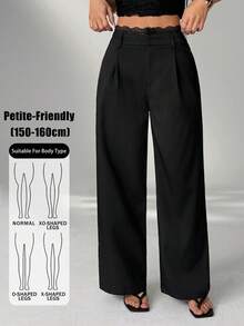SHEIN PETITE 女款素色百褶休閒百搭日常穿著長褲 - 黑色 - 查看 13