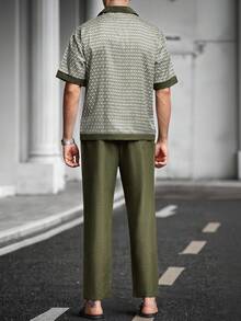 Manfinity Homme 男士鑽石印花襯衫與長褲休閒套裝 - 綠色 - 查看 2