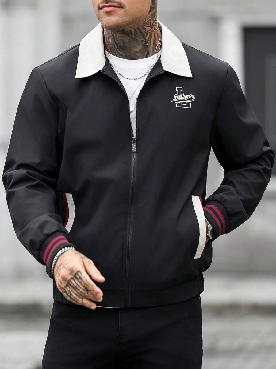 Manfinity Mode Men's Printed Casual Jacket, Suitable For Spring And Autumn Wear - Black - View 1