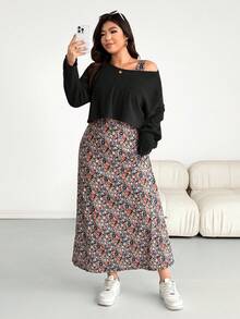 SHEIN Essnce Plus Size Women Solid Color Crew Neck Long Sleeve T-Shirt And Ditsy Floral Dress Casual 2-Piece Set - Multicolor - View 6