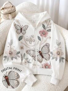Girls White Floral Print Hoodie Jacket, Casual,Crop, Comfortable,Knit,Jacket,Hoodie, Fall,Loose, Oversized, Long Sleeve, Y2k Zipper Hoodies Jacket - White - View 3