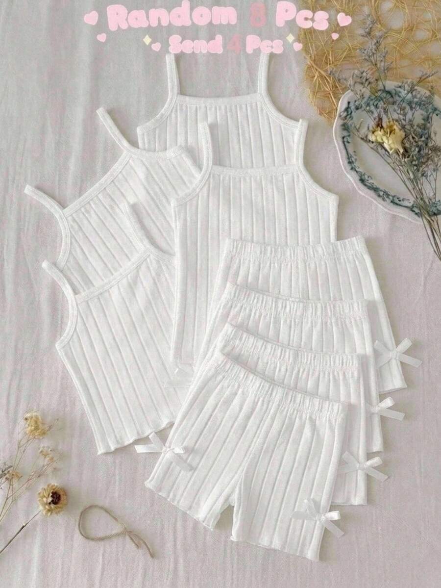 SHEIN Set Pakaian Dalam Anak Perempuan Musim Semi/Panas Atasan dan Celana Pendek Warna Polos Warna-warni Set Pakaian Dalam 1 Potong "Empat Musim" "Empat Musim" - Putih - View 1