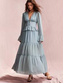 Willow Rêve Women's Dusty Blue V Neck Long Sleeve Maxi Dress Lace Patchwork Ruffle Peplum Tiered Hem Romantic Elegant Autumn Wedding Brunch Tea Party Gown - Green - View 4