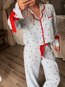 CottageSlumber Conjunto de pijama con estampado de cerezas a cuadros, pantalones largos de ropa de estar en casa con lazo dulce, puños y dobladillo con volantes, conjunto de 2 piezas - Multicolor - Ver 5