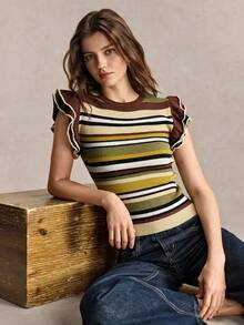 BizChic Women's Autumn/Winter Multi-Color Ribbed Ribbed Knit Sweater With Flutter Sleeves And Ruffle Hem, Elegant French Style, Suitable For Office Commute, Business Workplace Formal Wear, Halloween, Urban Daily Casual, Date, Birthday Party, Vacation, Countryside Style, Back To School Season, Church, Special Occasions, Wedding Guest, Minimalist - Multicolor - View 6