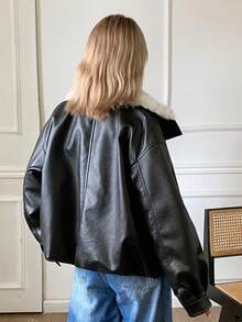 DAZY Women's PU Leather Long Sleeve Zipper Front Casual Winter Leather Jacket - Black - View 2