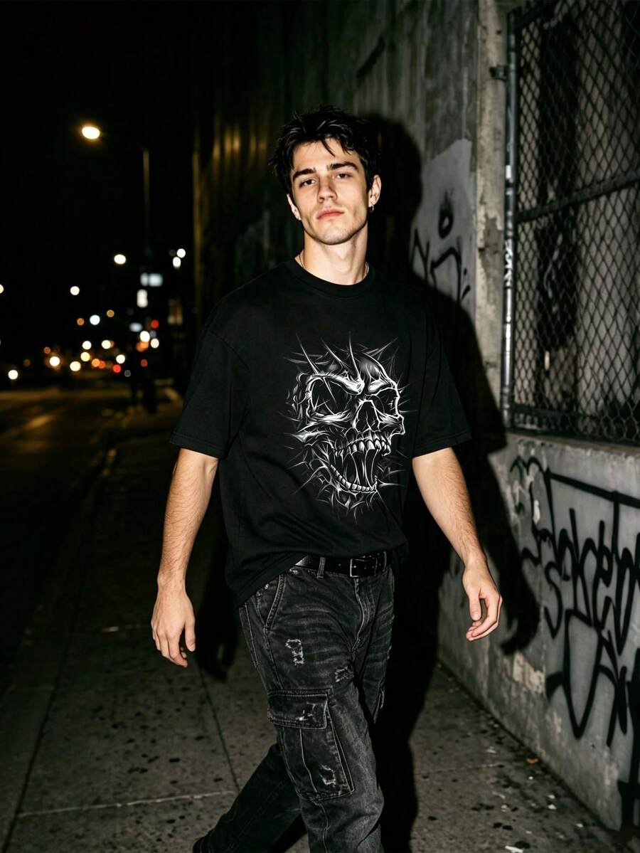 Manfinity Dauomo Halloween Spiky Thorns Screaming Skull Graphic T-Shirt, Heavy Metal Gothic Dark Punk Black And White Tee. Suitable For Concert Rave Streetwear - Black - View 1