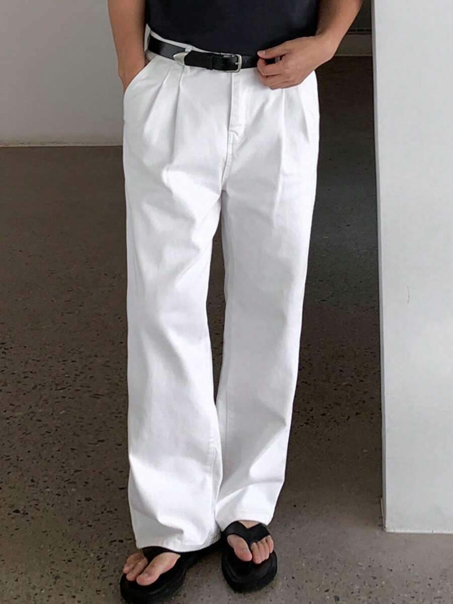 DAZY Quần jeans nam ống đứng mềm màu trắng trơn giặt wash phong cách đường phố cho mùa xuân/thu - trắng - Xem 1