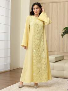 Yasmyna Sequin 3D Floral Decor Round Neck Bell Sleeve Elegant Arabian Dress - Yellow - View 4