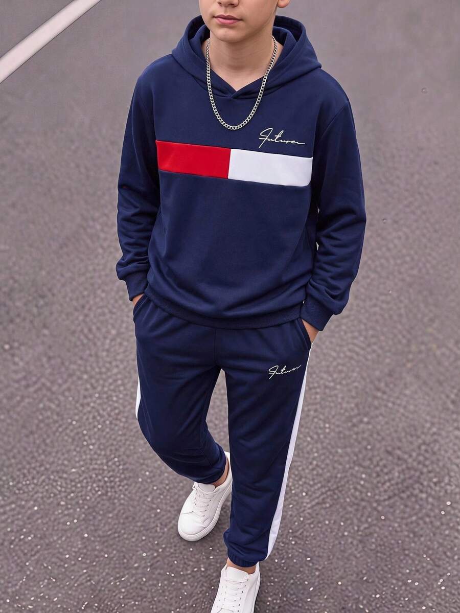 SHEIN 2件組兒童青少年男孩休閒拼接連帽衛衣與運動長褲套裝，藍色衛衣套裝，適合秋冬、學校、家庭聚會、開學、運動、玩耍、生日派對、拍照、度假、假日