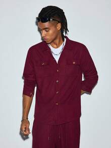 Modcrash Setelan 2 potong Kemeja Kasual Pria Warna Polos dengan Kerah & Saku + Celana, Bahan Poliester Ringan, Pakaian Santai, Olahraga, Liburan, Musim Semi/Gugur - Burgundy - View 7