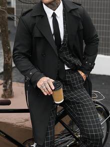 Manfinity CasualCool 男士雙排扣黑色秋季優雅晚宴風衣，簡約缺口領長版大衣，適合送給丈夫或男友的週年紀念禮物 - 黑色 - 查看 6