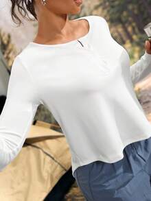 Exploreva Women's Outdoor Long Sleeve White Half-Open Collar T-Shirt - White - View 6
