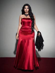 Whyspr Gaun Lilit Wanita Ukuran Plus + Jubah Lengan Lonceng Set Dua Potong Gaya Goth Halloween Musim Gugur - Burgundy - View 5
