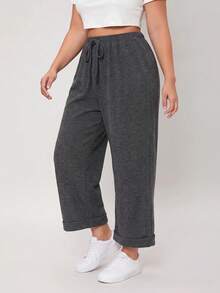 SHEIN BASICS Plus Size Women's Solid Color Waist Tie Straight Leg Casual Kawaii Baggy Sweatpants Date Night Lounge Beach Formal Vacation Active Gray Fall - Dark Grey - View 4