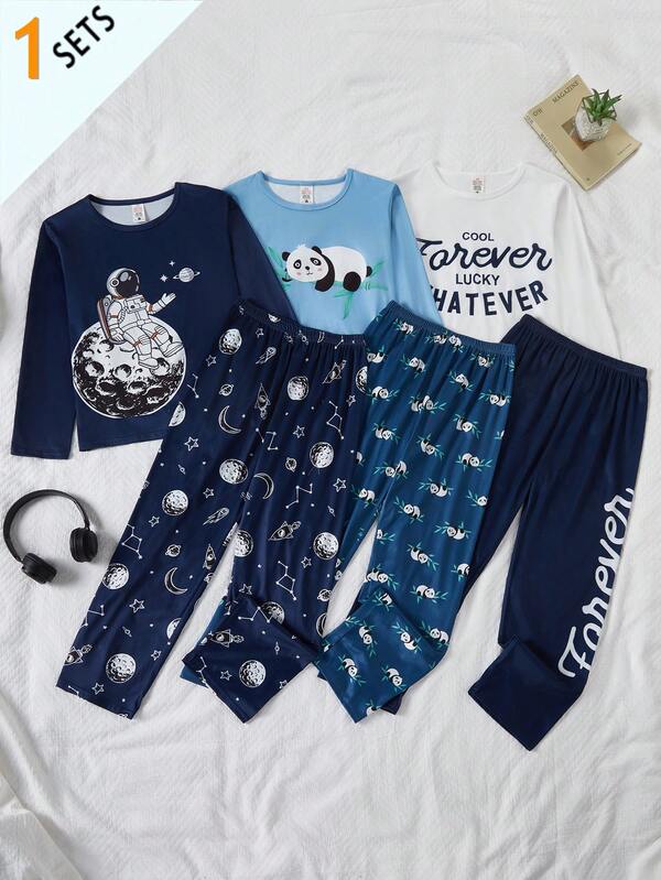 [1pc Randomly Shipped]Randomly Ships 1 Of 3 All Season Autumn/Winter Boys Big Kids Fashionable Cute Panda Font Print Cartoon Pattern Long Sleeve Long Pants Comfortable Milk Silk Fabric Loungewear Set