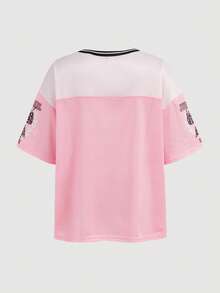 SHEIN Girlism Tween Girls Y2K 休闲街头服饰豹纹蝴蝶结标语图案印花网眼拼接 V 领宽松短袖针织 T 恤，粉色 - 粉色 - 查看 2